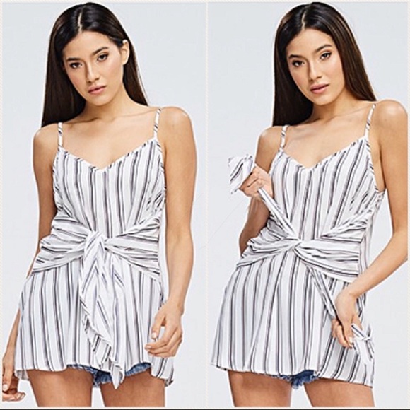 New White Summer Striped Tie Front Top - Picture 2 of 4